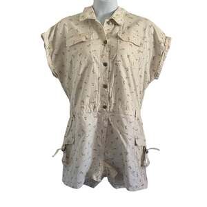celebrity pink denim romper shorts plus size XXXL ditsy print floral offwhite